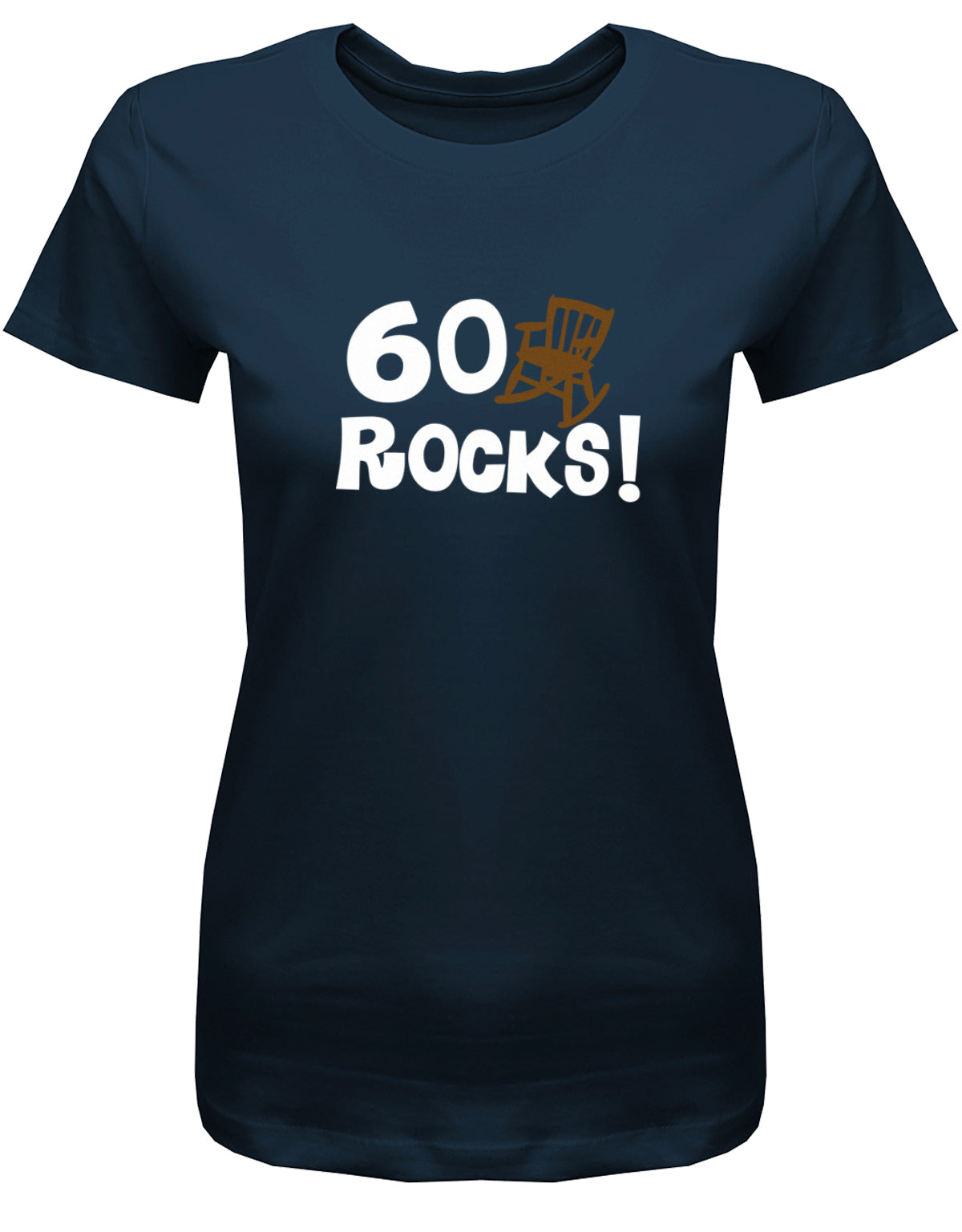 Lustiges T-Shirt zum 60 Geburtstag für die Frau Bedruckt mit 60 Rocks Schaukelstuhl. Navy