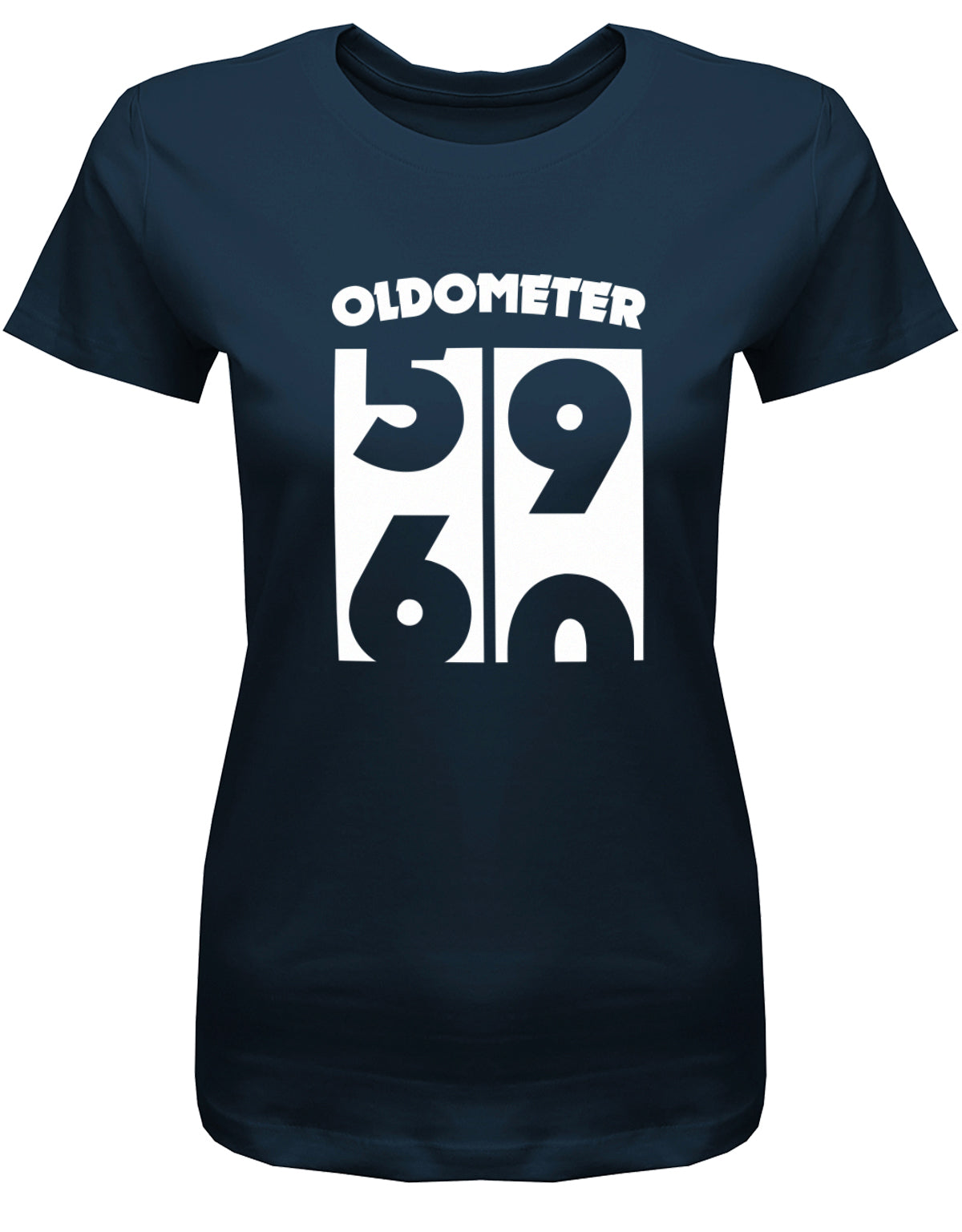 Lustiges T-Shirt zum 60 Geburtstag für die Frau Bedruckt mit Oldometer Wechsel von 59 zu 60 Jahren. Navy
