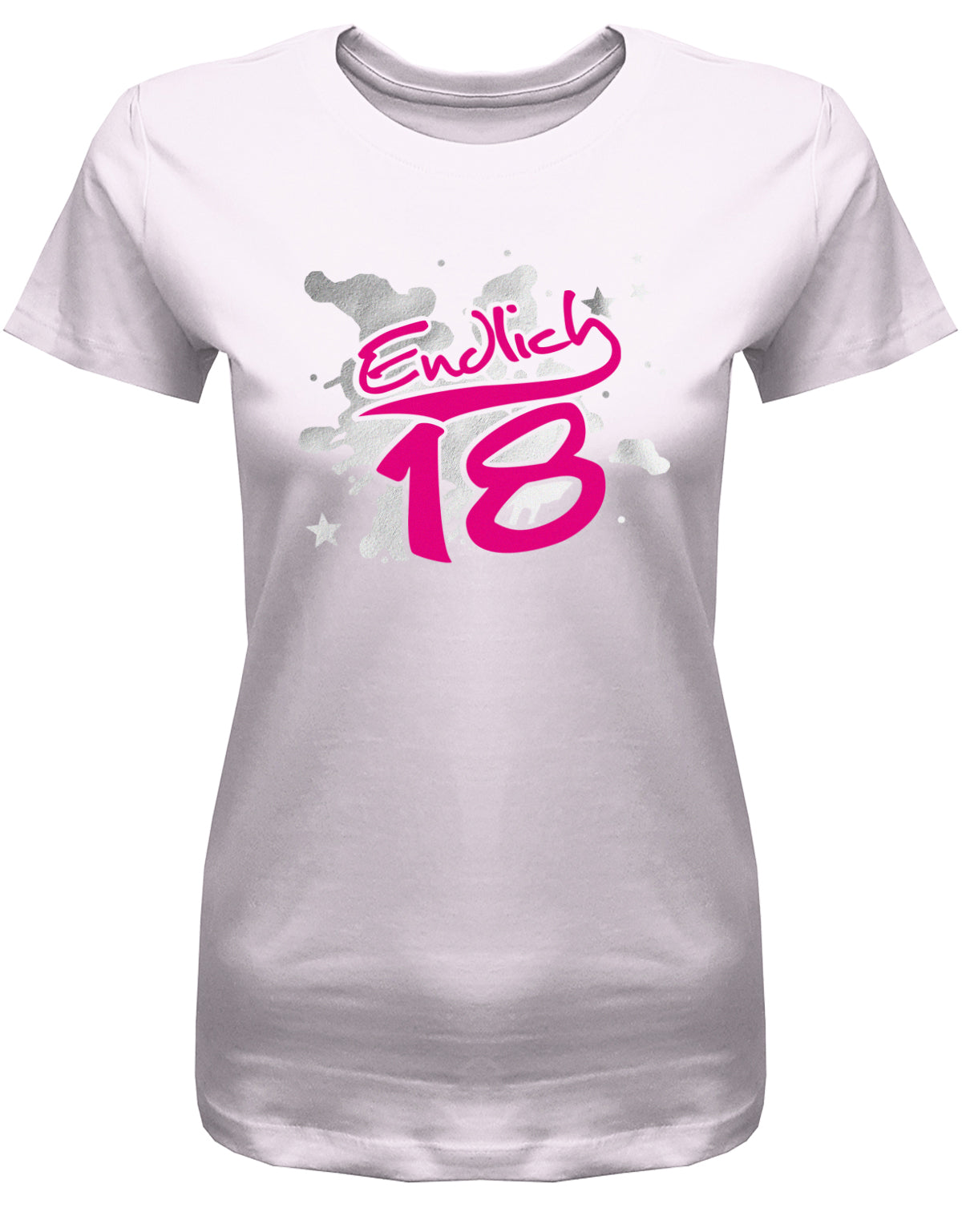 Cooles T-Shirt zum 18. Geburtstag für Mädchen. Bedruckt mit: Endlich 18 in Pink und silbernen Hintergrund. Das T Shirt 18 Geburtstag Mädchen Lustig ist ein tolles Geschenk für alle 18 Jährigen. Geschenk zum 18 geburtstag Frau ✓ 2005 geburtstag Frau ✓ 18 Geburtstag tshirt ✓ shirt geburtstag 18 Rosa