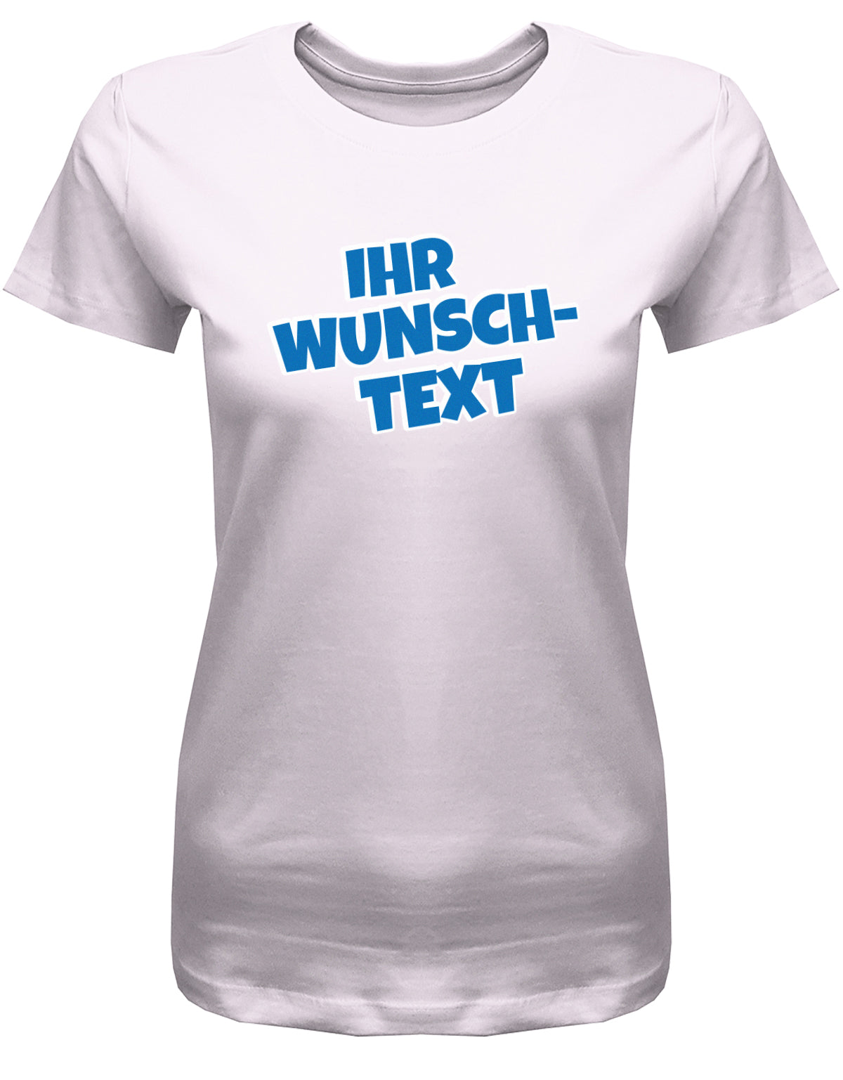 Frauen Tshirt mit Wunschtext.  Comic Schriftart mit weißer Umrandung. Rosa