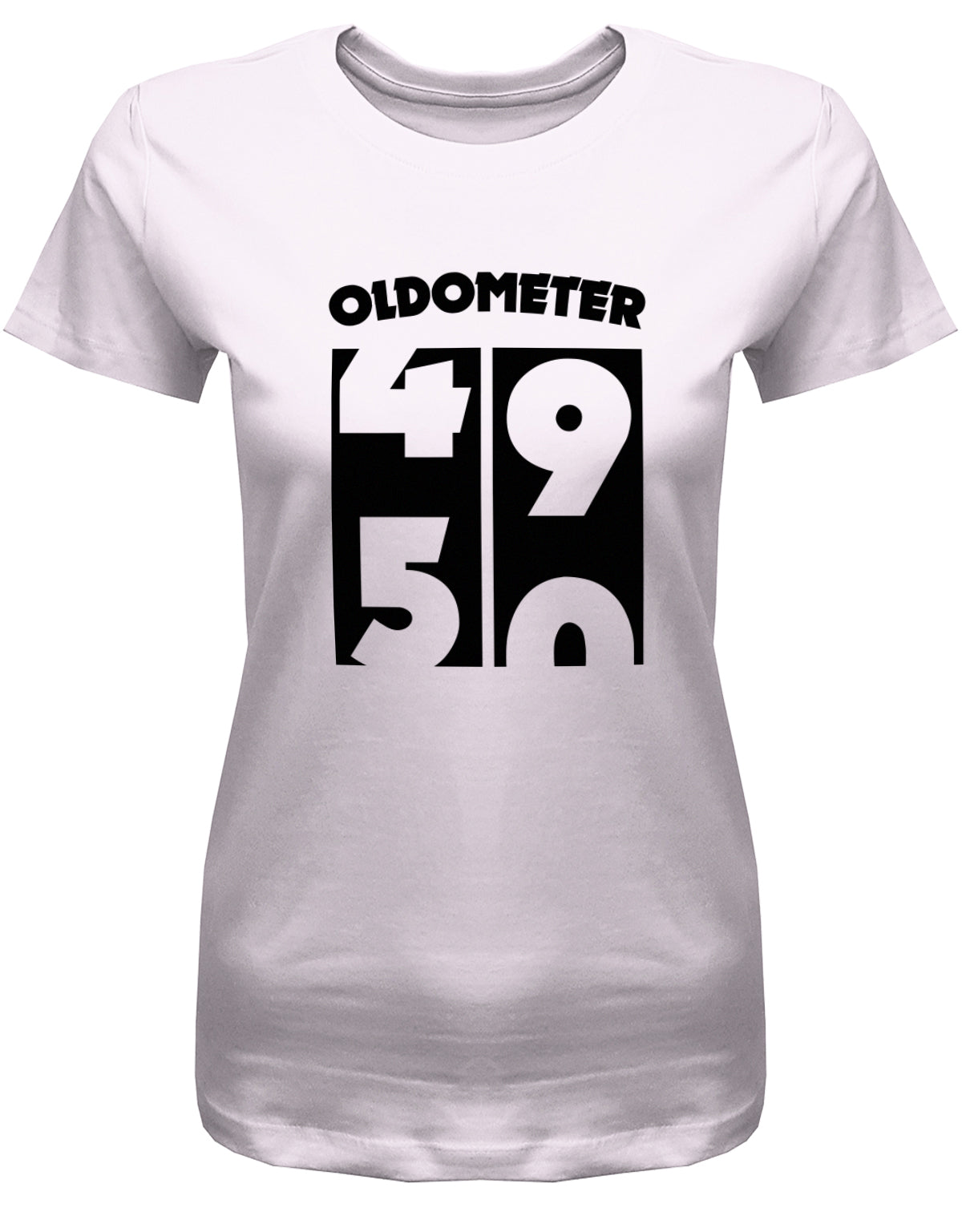 Lustiges T-Shirt zum 50. Geburtstag für die Frau Bedruckt mit Oldometer Wechsel von 49 auf 50 Jahre. Rosa