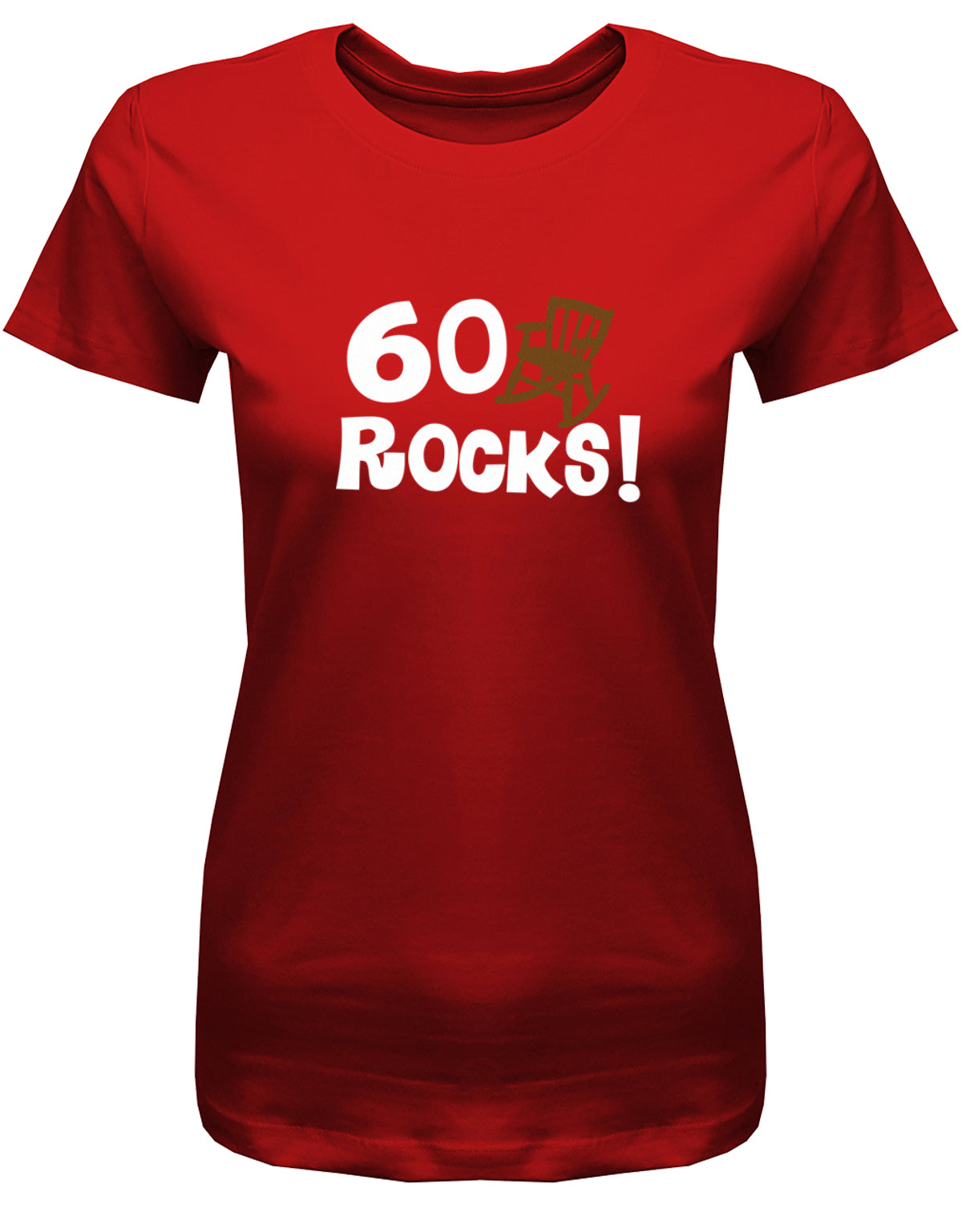 Lustiges T-Shirt zum 60 Geburtstag für die Frau Bedruckt mit 60 Rocks Schaukelstuhl. Rot