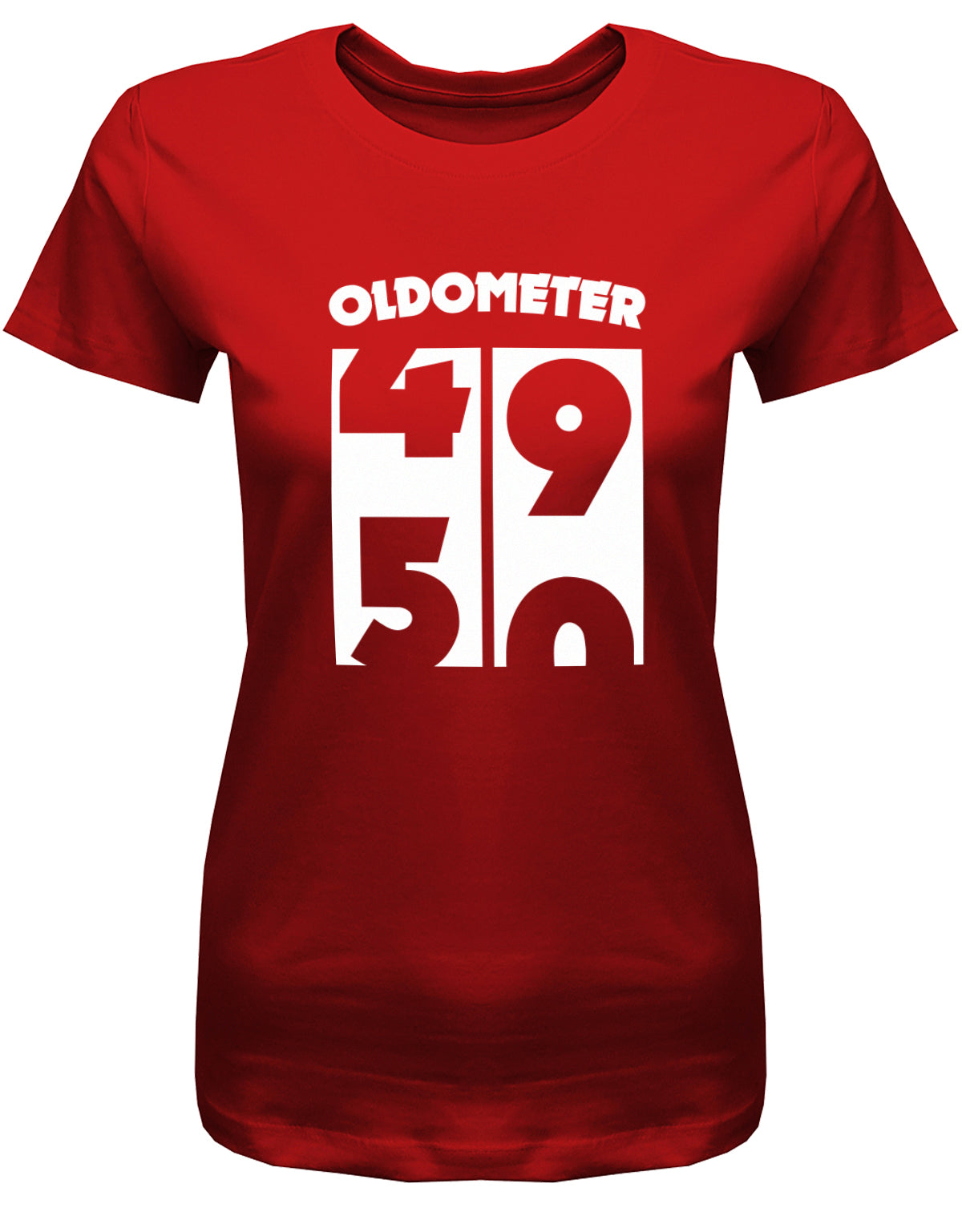 Lustiges T-Shirt zum 50. Geburtstag für die Frau Bedruckt mit Oldometer Wechsel von 49 auf 50 Jahre. Rot