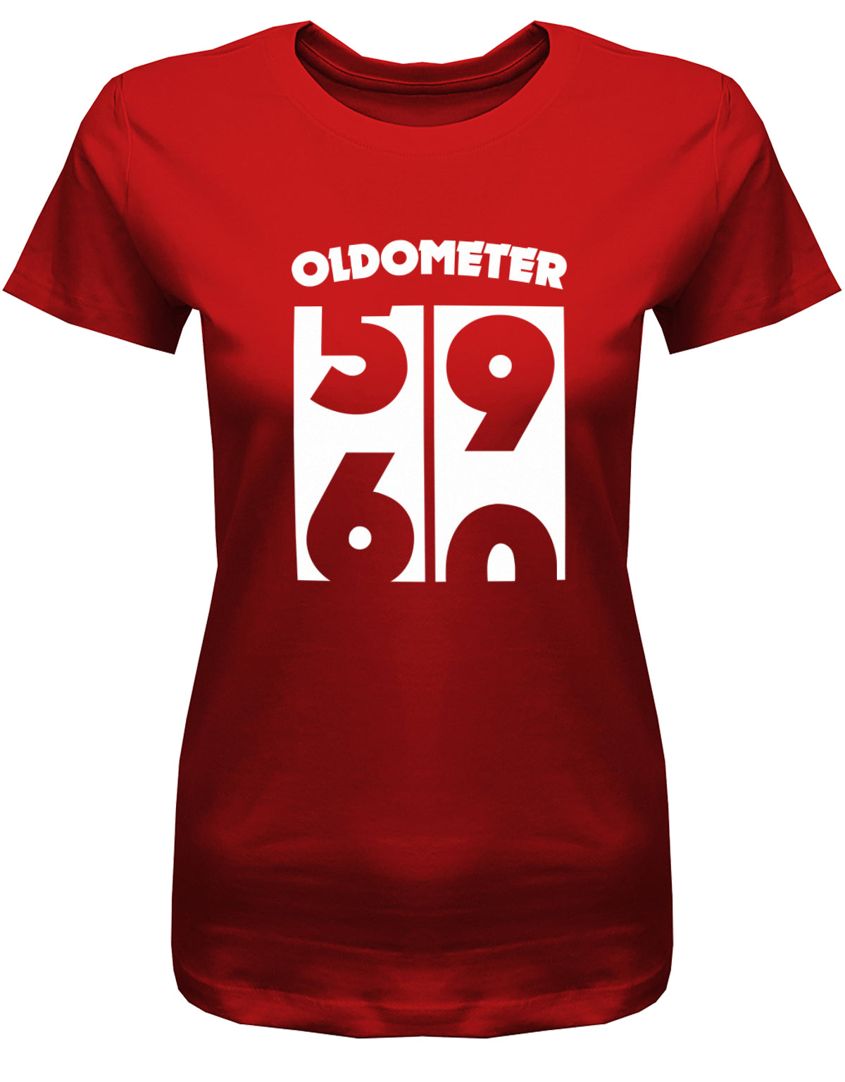 Lustiges T-Shirt zum 60 Geburtstag für die Frau Bedruckt mit Oldometer Wechsel von 59 zu 60 Jahren. Rot