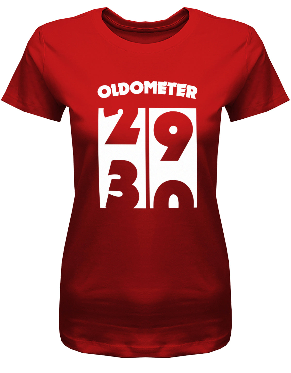 Lustiges T-Shirt zum 30. Geburtstag für die Frau Bedruckt mit Oldometer. Wechsel von 29 auf 30 Jahren. Rot