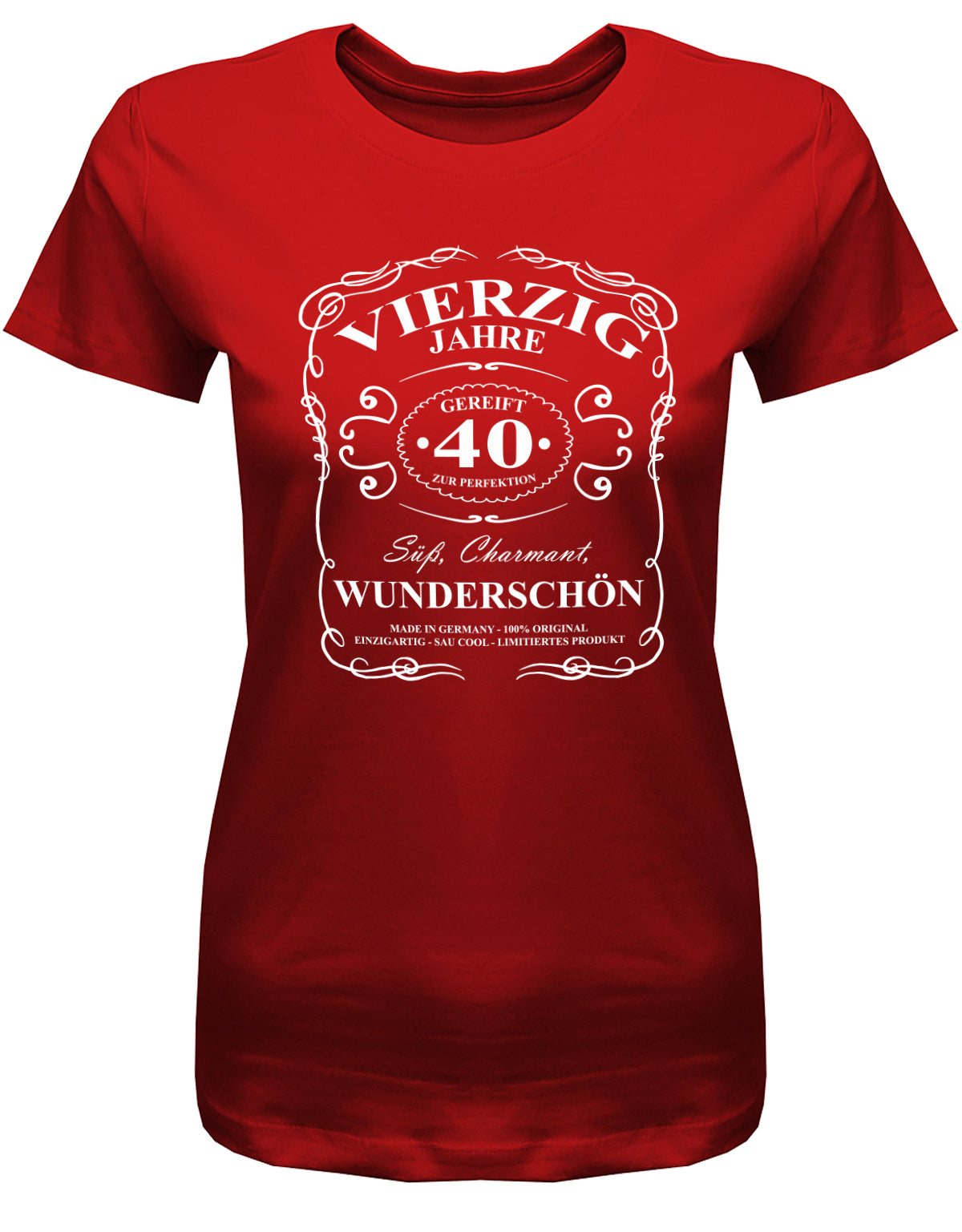 Lustiges T-Shirt zum 40. Geburtstag für die Frau Bedruckt mit: Vierzig Jahre zur Perfektion gereift 40 süß, charmant, wunderschön. Das T Shirt 40 Geburtstag Frau Lustig ist eine super Geschenkidee für alle 40 Jährigen. Geschenk zum 40 geburtstag Frau ✓ 1983 geburtstag Frau ✓ 40 Geburtstag tshirt ✓ shirt geburtstag 40 Rot