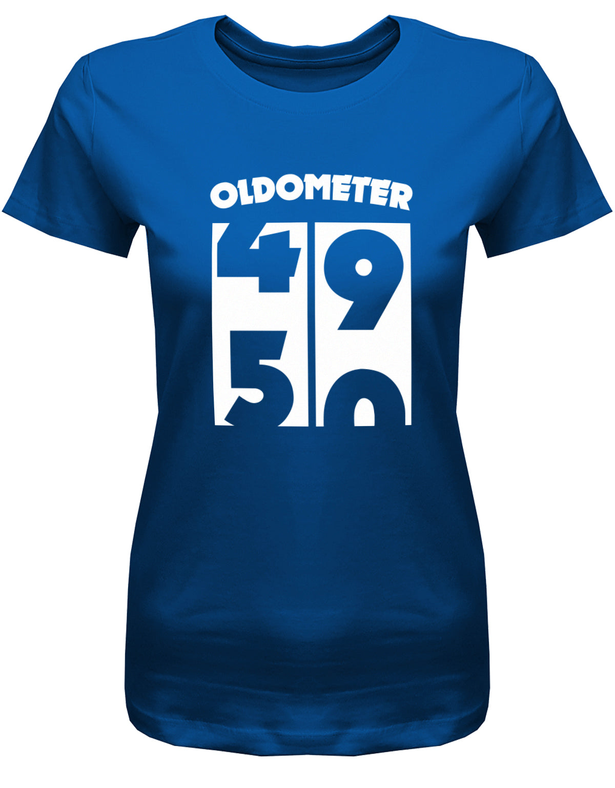 Lustiges T-Shirt zum 50. Geburtstag für die Frau Bedruckt mit Oldometer Wechsel von 49 auf 50 Jahre. Royalblau