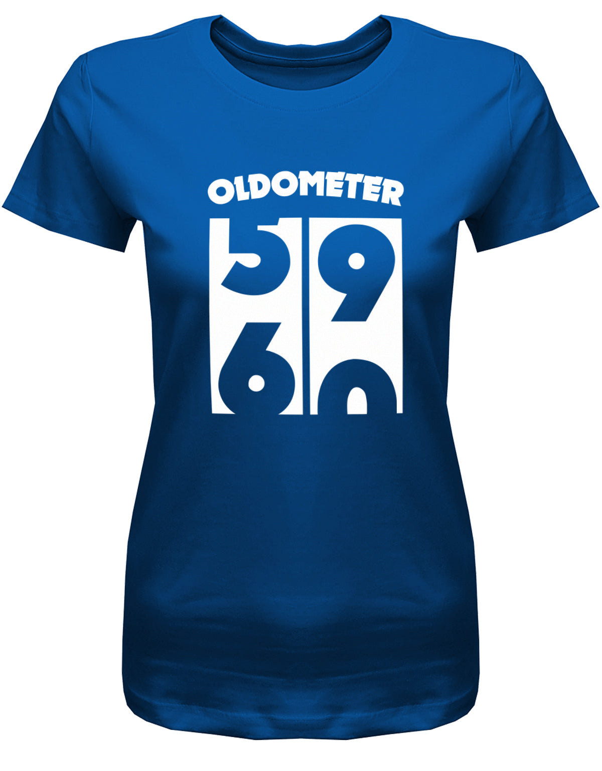 Lustiges T-Shirt zum 60 Geburtstag für die Frau Bedruckt mit Oldometer Wechsel von 59 zu 60 Jahren. Royalblau