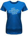 Frauen Tshirt mit Wunschtext.  Comic Schriftart mit weißer Umrandung.  Royalblau