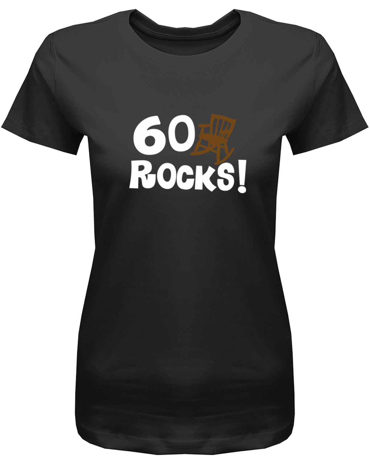 Lustiges T-Shirt zum 60 Geburtstag für die Frau Bedruckt mit 60 Rocks Schaukelstuhl. Schwarz