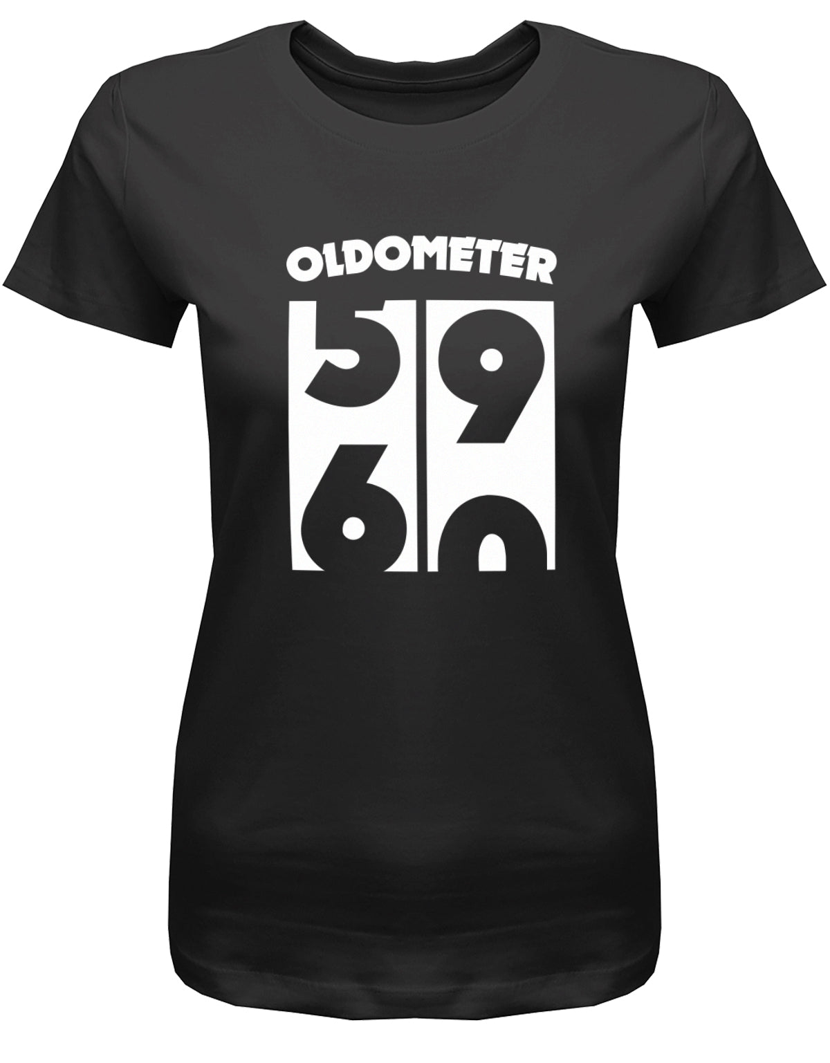 Lustiges T-Shirt zum 60 Geburtstag für die Frau Bedruckt mit Oldometer Wechsel von 59 zu 60 Jahren. SChwarz