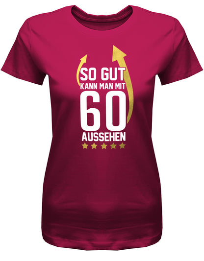 Lustiges T-Shirt zum 60 Geburtstag für die Frau Bedruckt mit So gut kann man mit 60 Jahren aussehen! Sterne und Pfeile. Das T Shirt 60 Geburtstag Frau Lustig ist eine super Geschenkidee für alle 60 Jährigen. Dieses Geburtstags Damen Shirt 60 Jahre ist passenden für alle, die im Jahre 1963 geboren worden. Sorbet