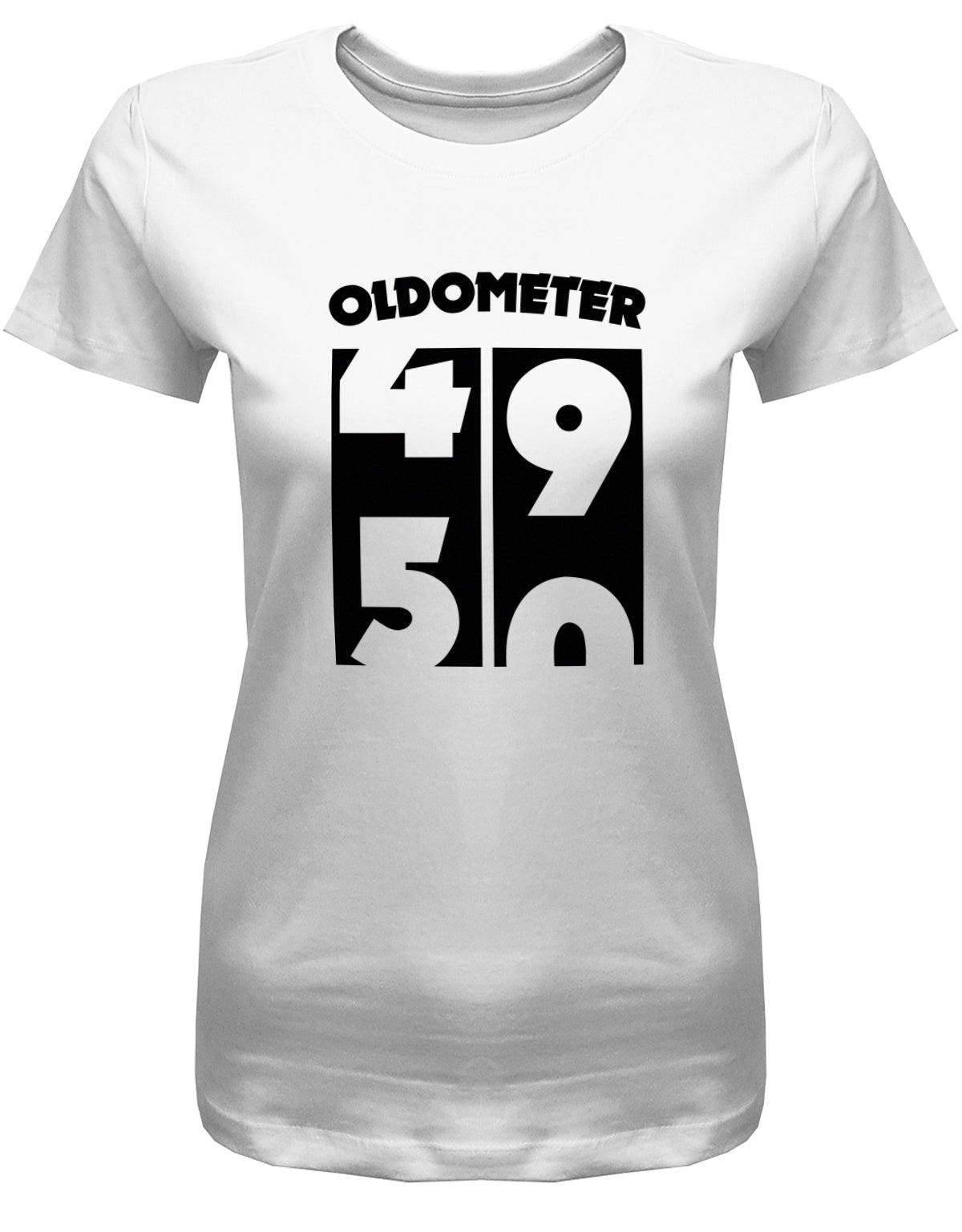 Lustiges T-Shirt zum 50. Geburtstag für die Frau Bedruckt mit Oldometer Wechsel von 49 auf 50 Jahre. Weiss