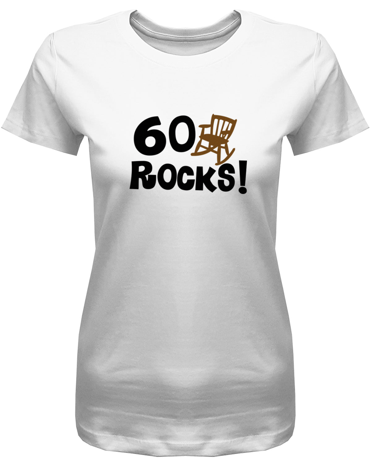 Lustiges T-Shirt zum 60 Geburtstag für die Frau Bedruckt mit 60 Rocks Schaukelstuhl. Weiss