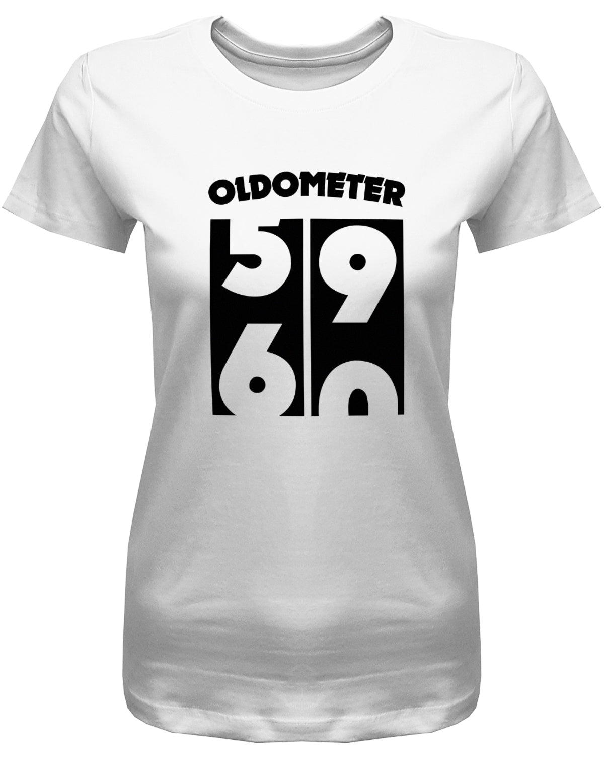 Lustiges T-Shirt zum 60 Geburtstag für die Frau Bedruckt mit Oldometer Wechsel von 59 zu 60 Jahren. Weiss