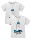 Zwillings Sprüche Baby Shirt Drinking Partners mit Baby Trinkflasche Weiss