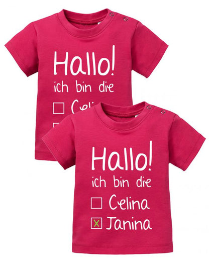 Zwillings Sprüche Baby Shirt Hallo! Ich bin die Wunschnamen und angekreuztes Kästchen. Personalisierbar mit Name Sorbet