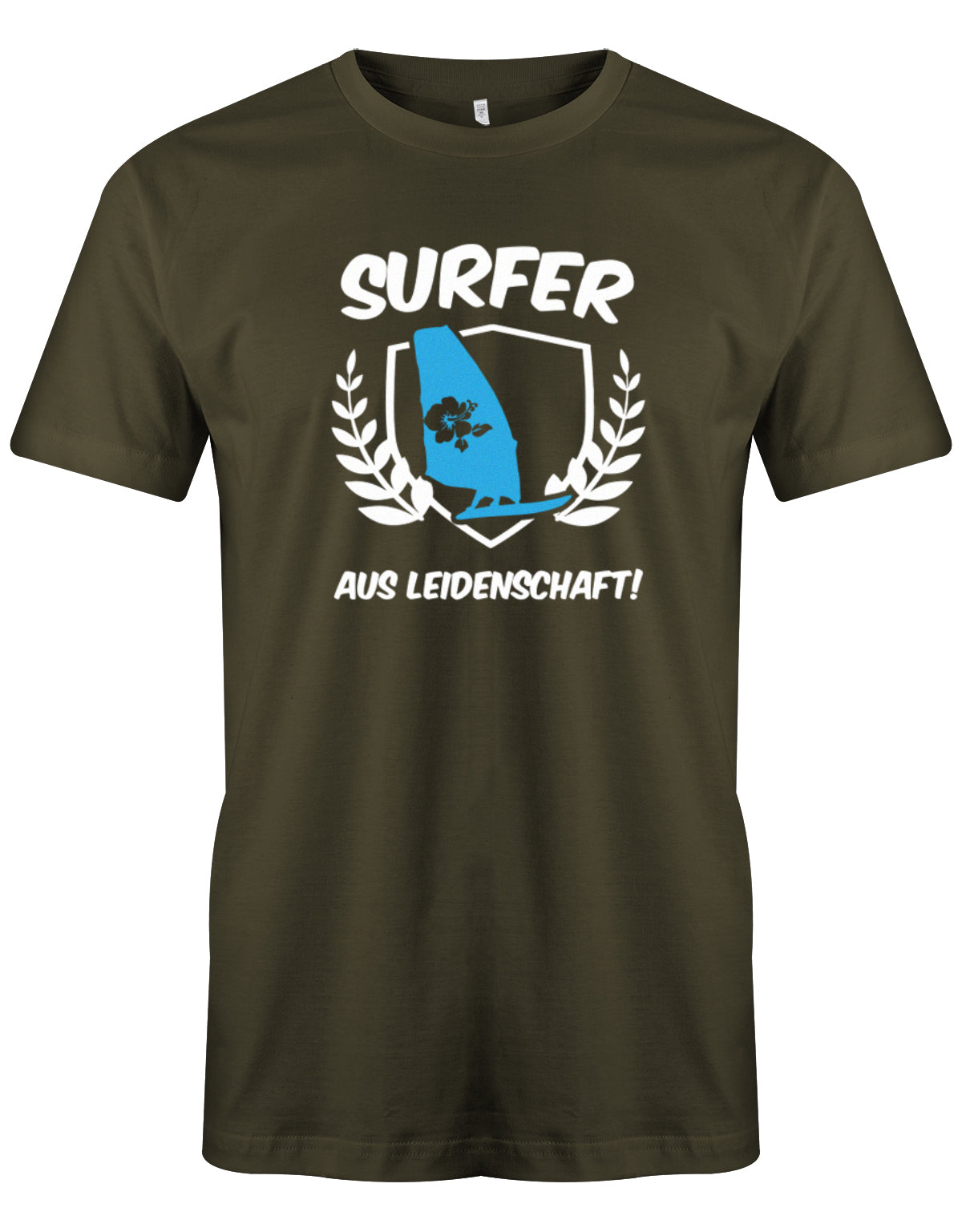 Das lustige Surfer t-shirt bedruckt mit "Surfer Aus Leidenschaft mit Surfer und Hibiskus Segel. Army
