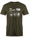 Das lustige Segler t-shirt bedruckt mit "Mein perfekter Tag - 8 Uhr Kaffee von 8-22 Uhr segeln und 22 Uhr Bier ". Army