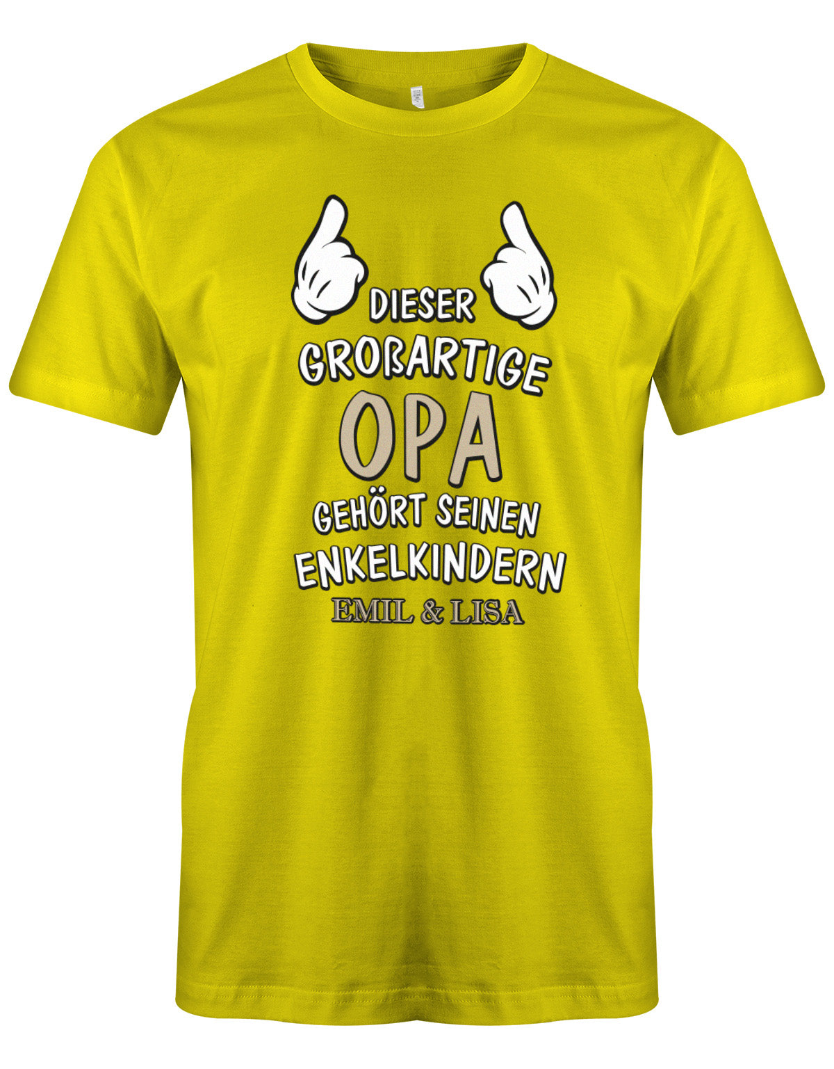 Opa Shirt personalisiert - Dieser großartige Opa gehört seinen Enkelkindern. Mit Namen der Enkel. Gelb