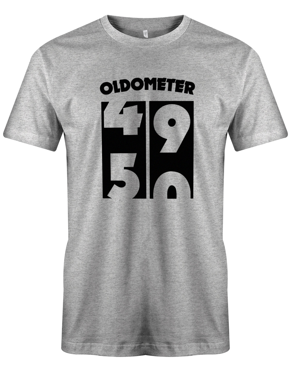 Lustiges T-Shirt zum 50 Geburtstag für den Mann Bedruckt mit Oldometer von 49 wechsel zu 50 Jahren. Grau