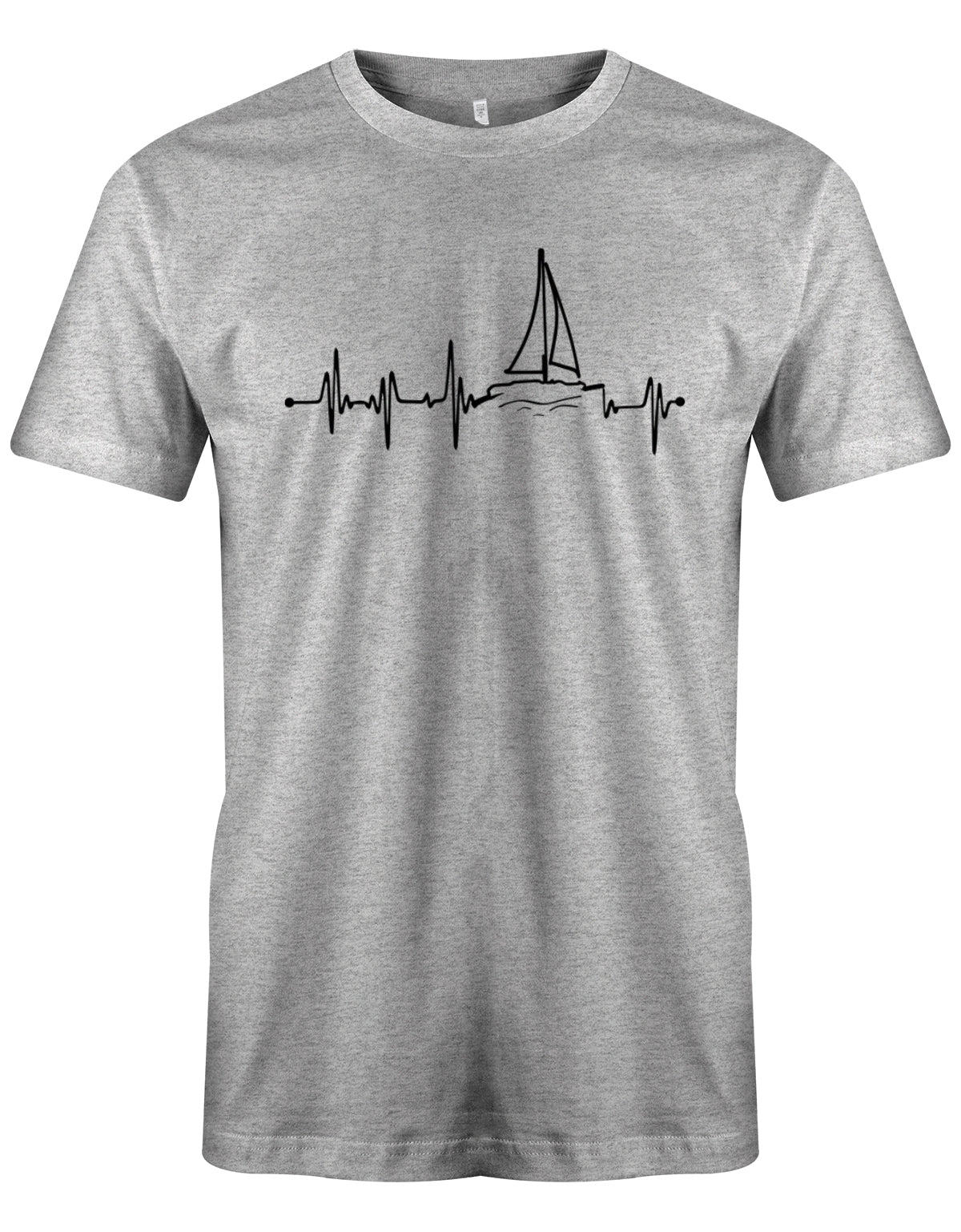 Das Segler t-shirt bedruckt mit "Herzschlag Frequenz mit einem Segelboot - Das Herz schlägt fürs Segeln". Grau