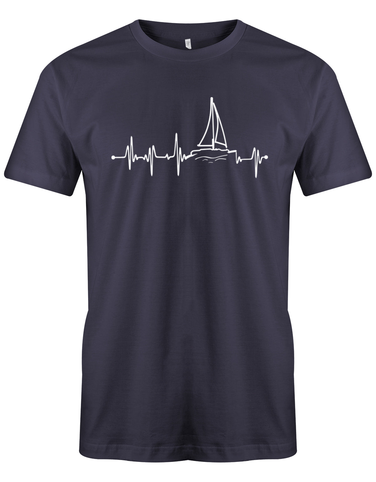 Das Segler t-shirt bedruckt mit "Herzschlag Frequenz mit einem Segelboot - Das Herz schlägt fürs Segeln". Navy