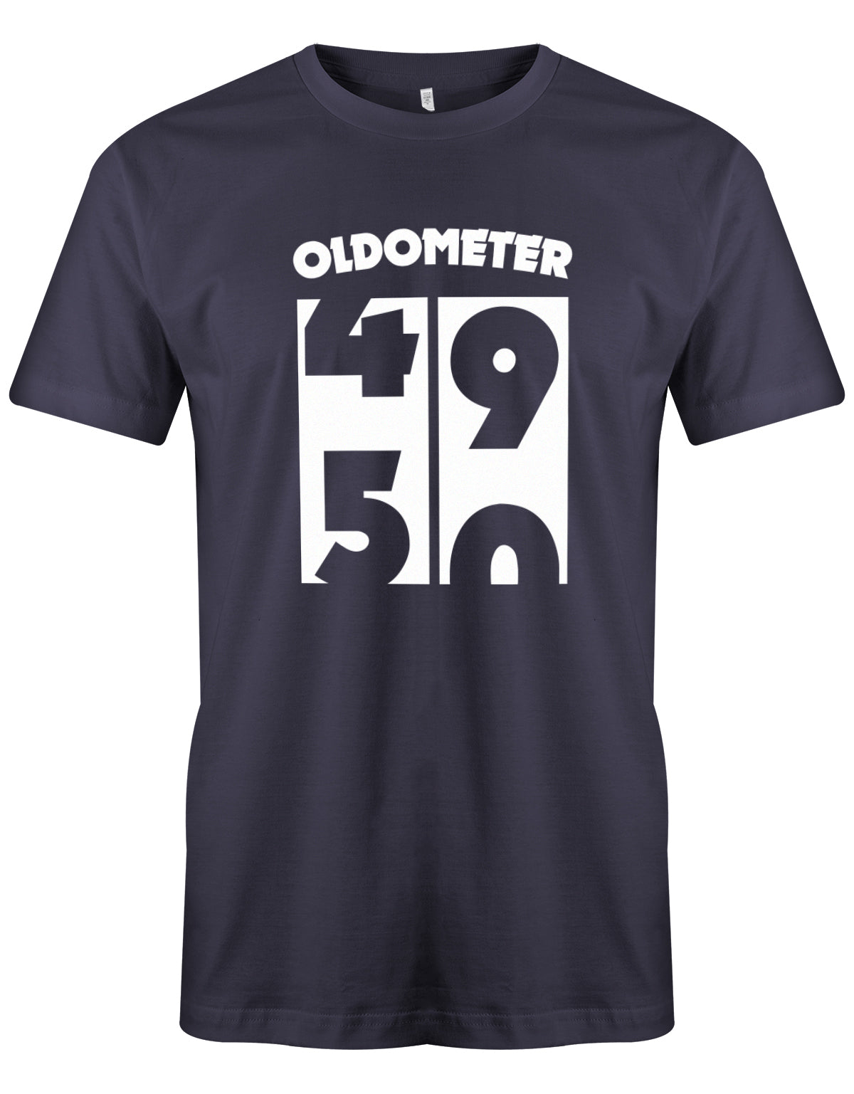 Lustiges T-Shirt zum 50 Geburtstag für den Mann Bedruckt mit Oldometer von 49 wechsel zu 50 Jahren. Navy
