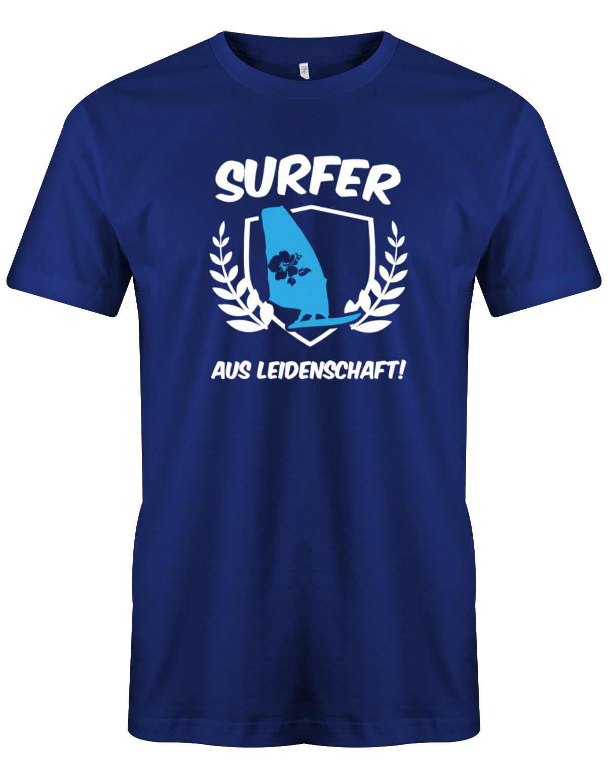 Das lustige Surfer t-shirt bedruckt mit "Surfer Aus Leidenschaft mit Surfer und Hibiskus Segel. Royalblau