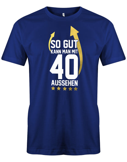 Lustiges T-Shirt zum 40 Geburtstag für den Mann Bedruckt mit: So gut kann man mit 40 aussehen! Sterne und Pfeile zum Gesicht des Trägers. Das 40 Geburtstag Männer Shirt Lustig ist eine super Geschenkidee für alle 40 Jährigen. Man wird nur einmal 40 Jahre. Dieses Herren shirt 40 mann besteht aus 100% Baumwolle und ist Komfort geschnitten. Dieses t-shirt zum 40 geburtstag mann ist passend für alle, die im Jahre 1983 geboren worden. Royalblau