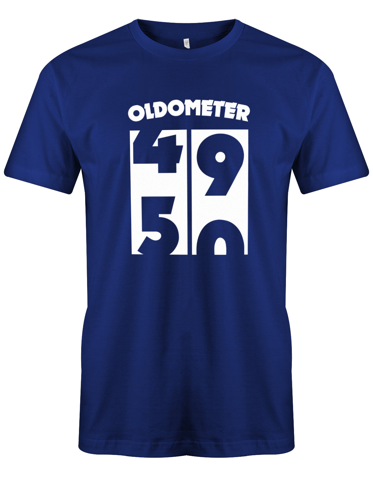 Lustiges T-Shirt zum 50 Geburtstag für den Mann Bedruckt mit Oldometer von 49 wechsel zu 50 Jahren. Royalblau