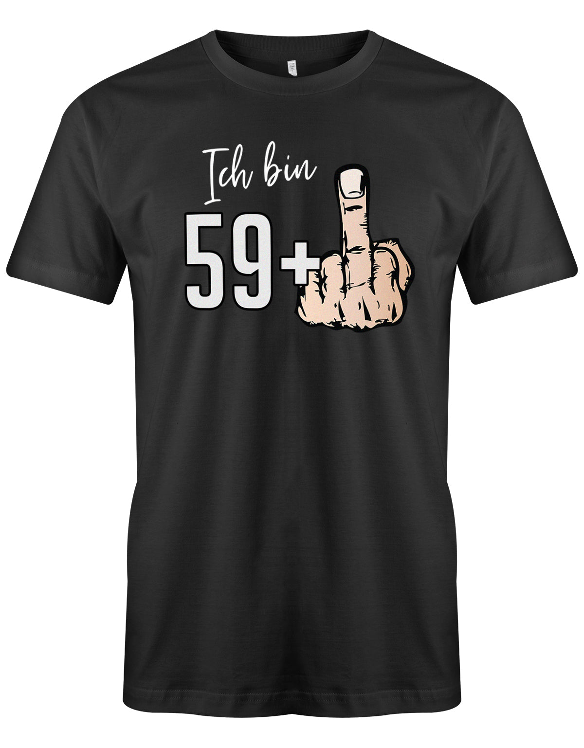 Lustiges T-Shirt zum 60 Geburtstag für den Mann Bedruckt mit Ich bin 59+ Stinkefinger.  SChwarz