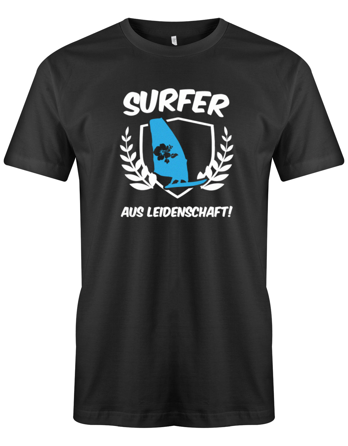 Das lustige Surfer t-shirt bedruckt mit "Surfer Aus Leidenschaft mit Surfer und Hibiskus Segel. Schwarz