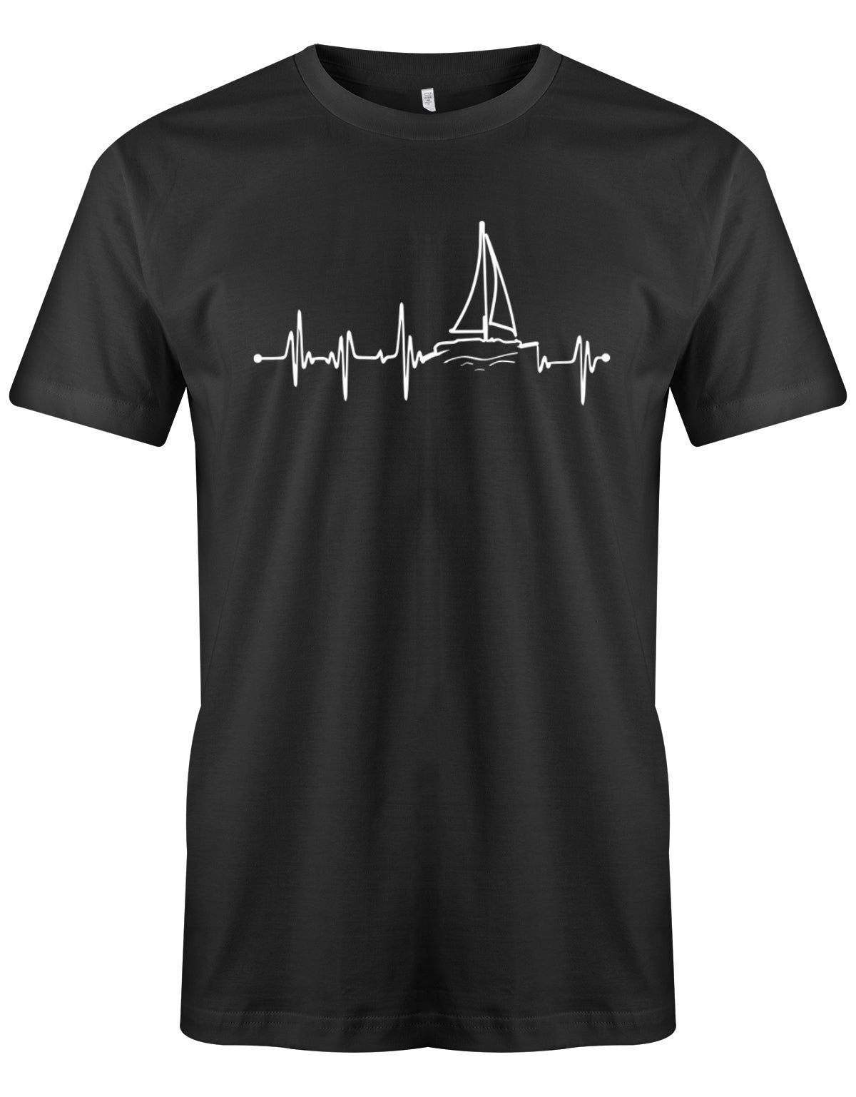 Das Segler t-shirt bedruckt mit "Herzschlag Frequenz mit einem Segelboot - Das Herz schlägt fürs Segeln". Schwarz