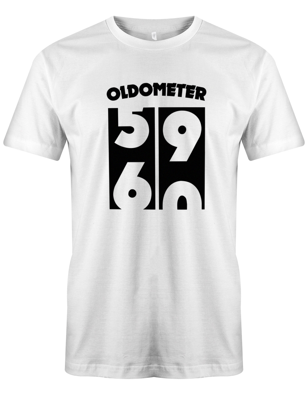 Lustiges T-Shirt zum 60. Geburtstag für den Mann Bedruckt mit Oldometer der wechsel von der 59 zu 60 Jahren. Weiss