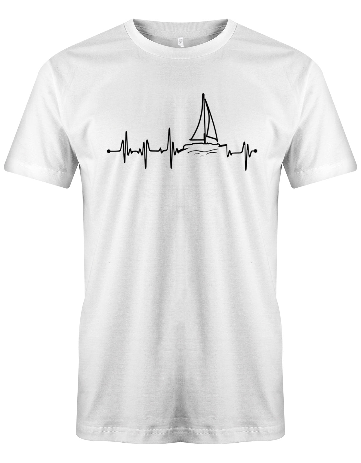 Das Segler t-shirt bedruckt mit "Herzschlag Frequenz mit einem Segelboot - Das Herz schlägt fürs Segeln". Weiss