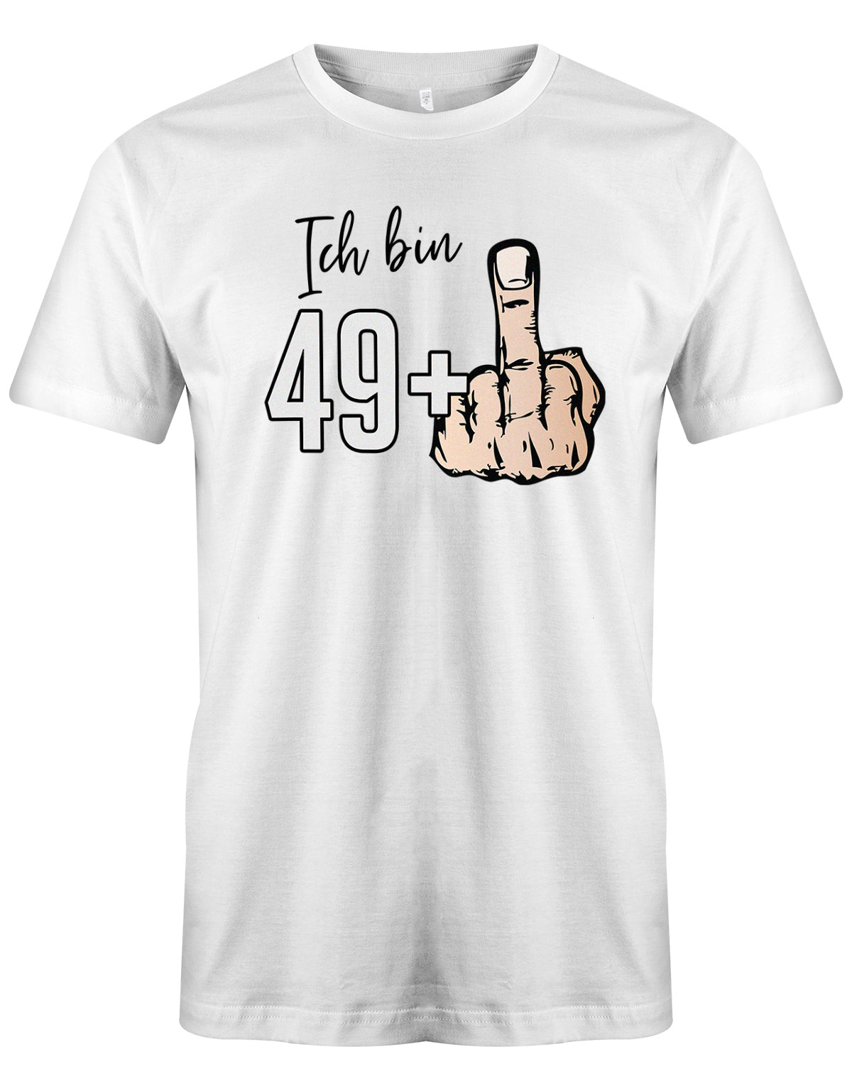 Lustiges T-Shirt zum 50 Geburtstag für den Mann Bedruckt mit Ich bin 49+ Stinkefinger. Weiss