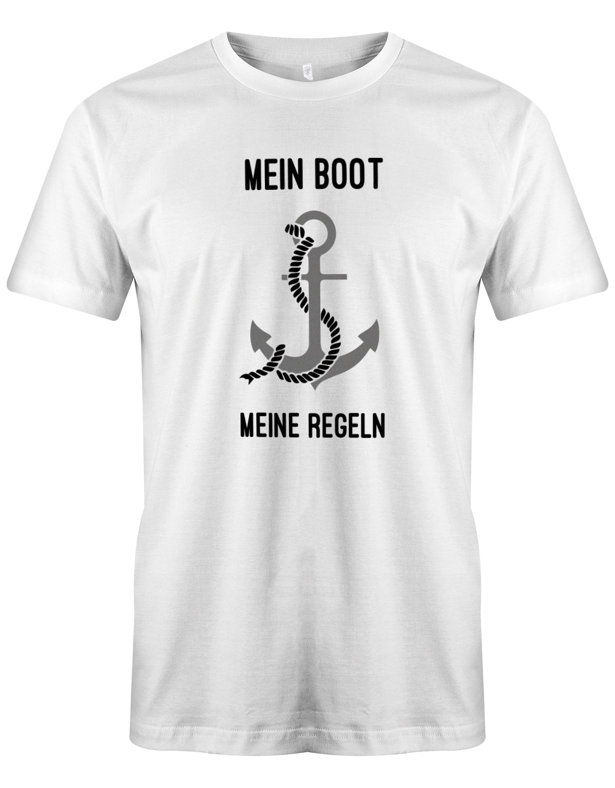 Das lustige Segler t-shirt bedruckt mit "Mein Boot, Meine Regeln, mit Anker". Weiss