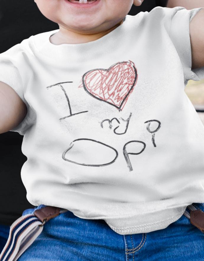 Opa Spruch Baby Shirt. I love my Opi mit Herzchen. Hochwertiger Druck - wie selbst gemalt vom Baby.