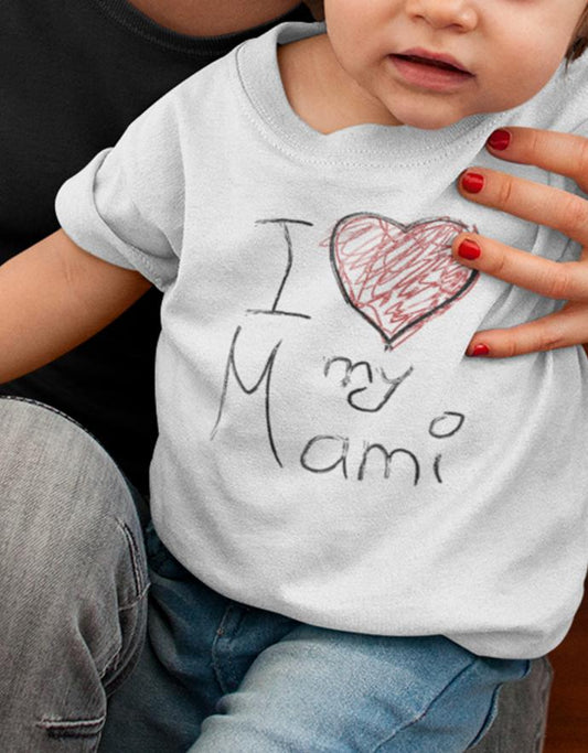 Mama Spruch Baby Shirt. I love my Mami mit Herzchen. Hochwertiger Druck - wie selbst gemalt vom Baby. 