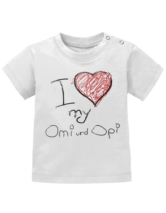 Opa Oma Spruch Baby Shirt. I love my Omi und Opi mit Herzchen. Hochwertiger Druck - wie selbst gemalt vom Baby.