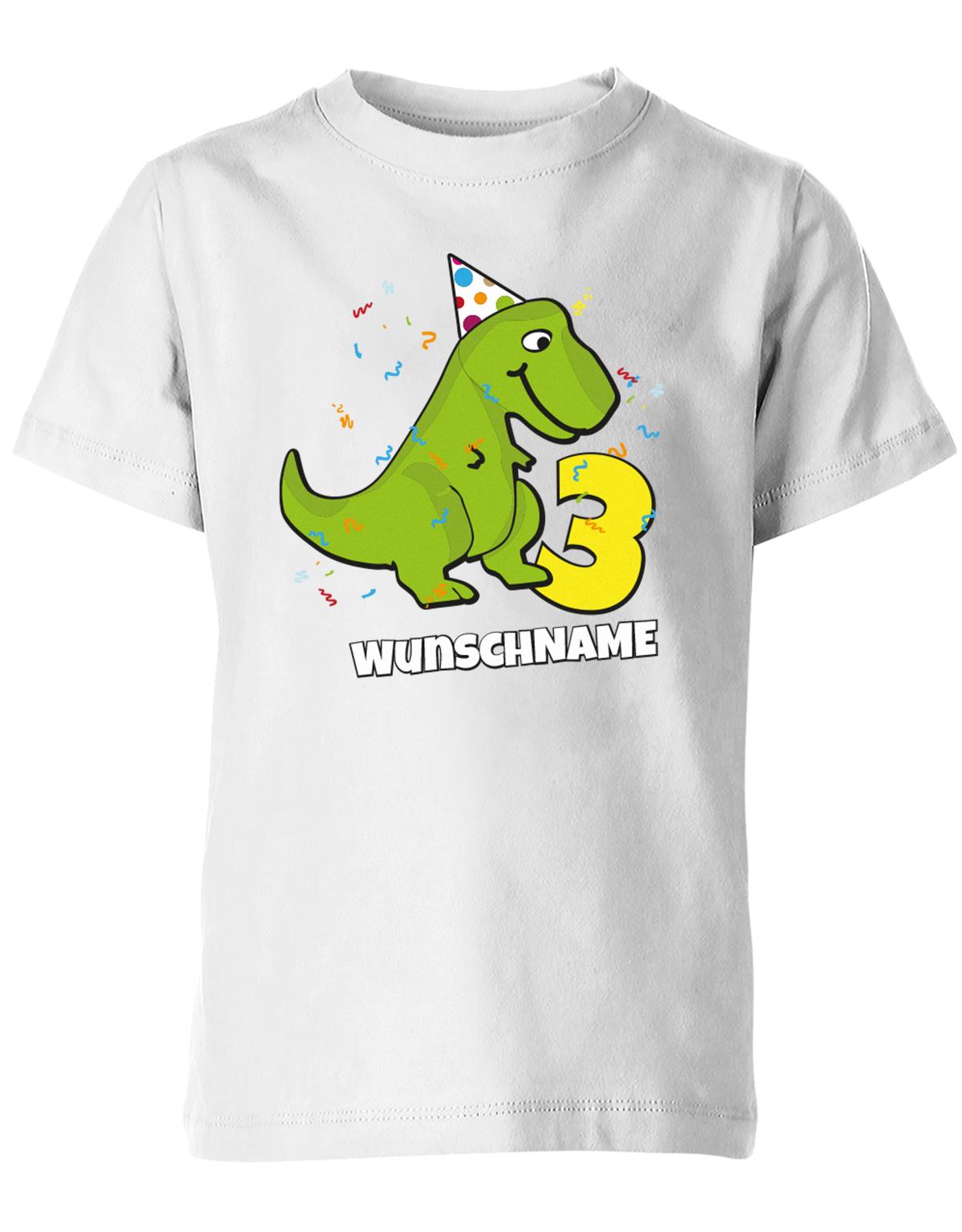Zum dritten Geburtstag. T Rex Dinosaurier mit Geburtstagsmütze und Konfetti - Große 3 und personalisierbar mit Name vom Kind Weiss