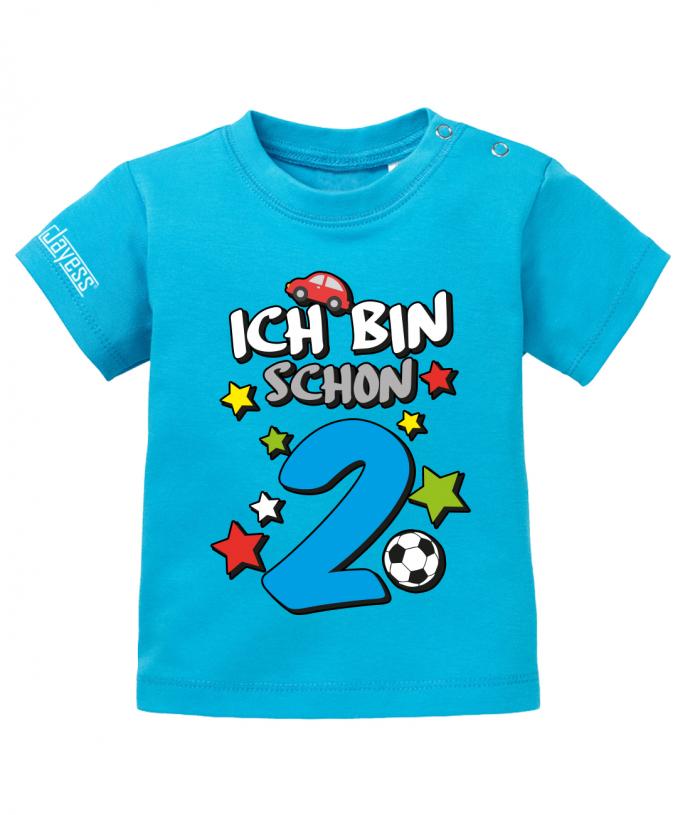 T Shirt 2 Geburtstag Junge Baby. Ich bin schon 2 mit Auto, Sterne und Fußball. Blau