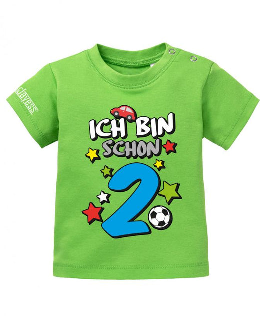 T Shirt 2 Geburtstag Junge Baby. Ich bin schon 2 mit Auto, Sterne und Fußball. Grün