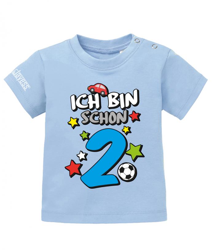 T Shirt 2 Geburtstag Junge Baby. Ich bin schon 2 mit Auto, Sterne und Fußball. Hellblau