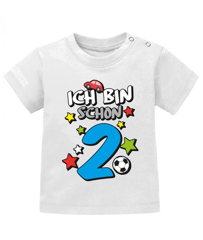 T Shirt 2 Geburtstag Junge Baby. Ich bin schon 2 mit Auto, Sterne und Fußball. Weiss