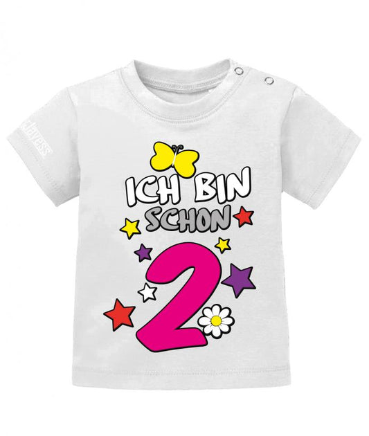 T Shirt 2 Geburtstag Mädchen Baby. Ich bin schon 2 mit Schmetterling, Sterne und Blümchen. Weiss