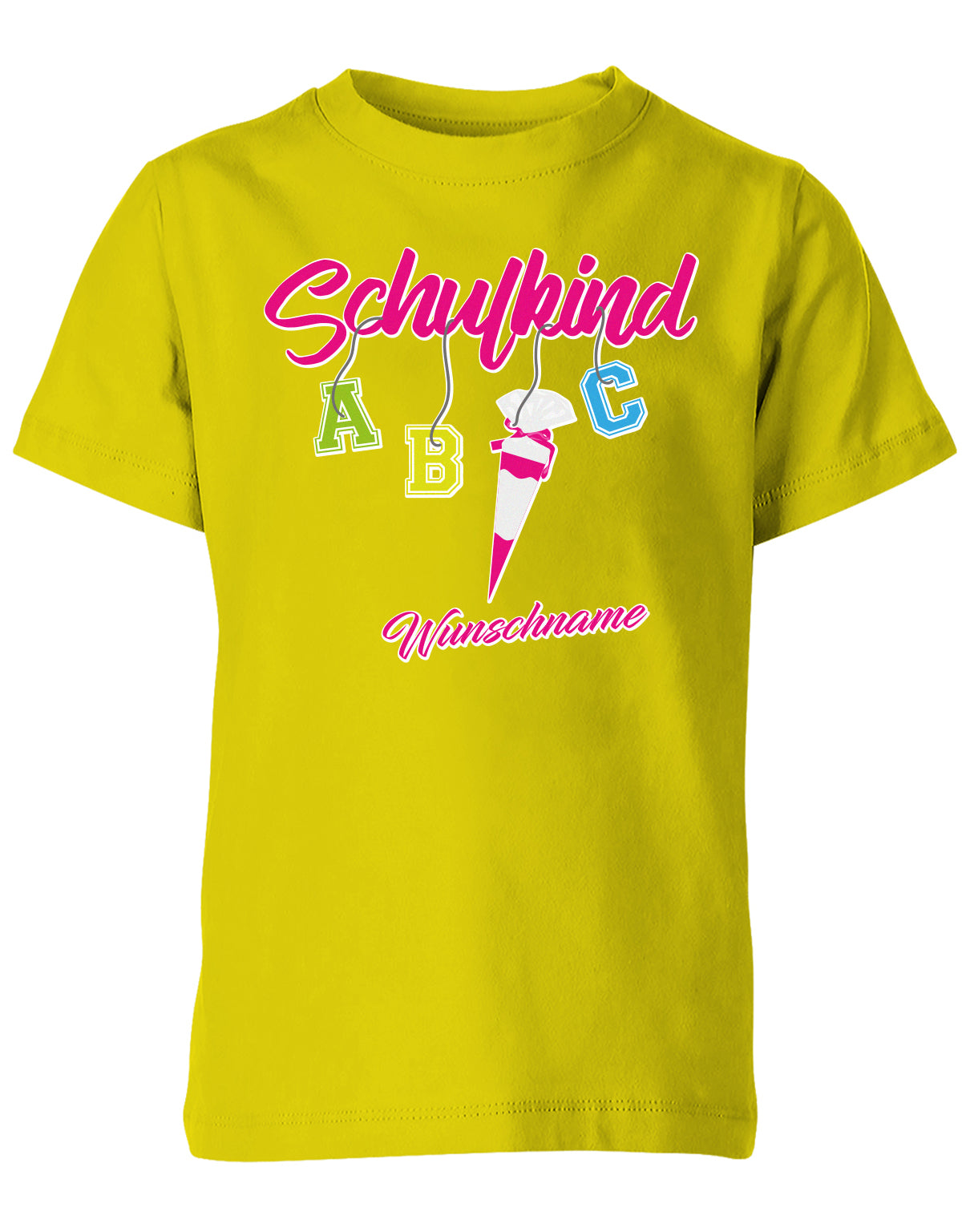 Schulkind ABC Schultüte Wunschname Blau oder Pink Einschulung Kinder T-Shirt Gelb Pink