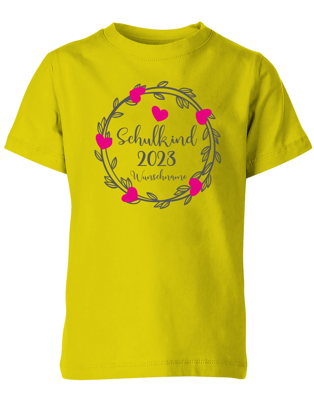 Schulkind 2023 Blumen Herzchen mit Name - Einschulung - Kinder T-Shirt Gelb