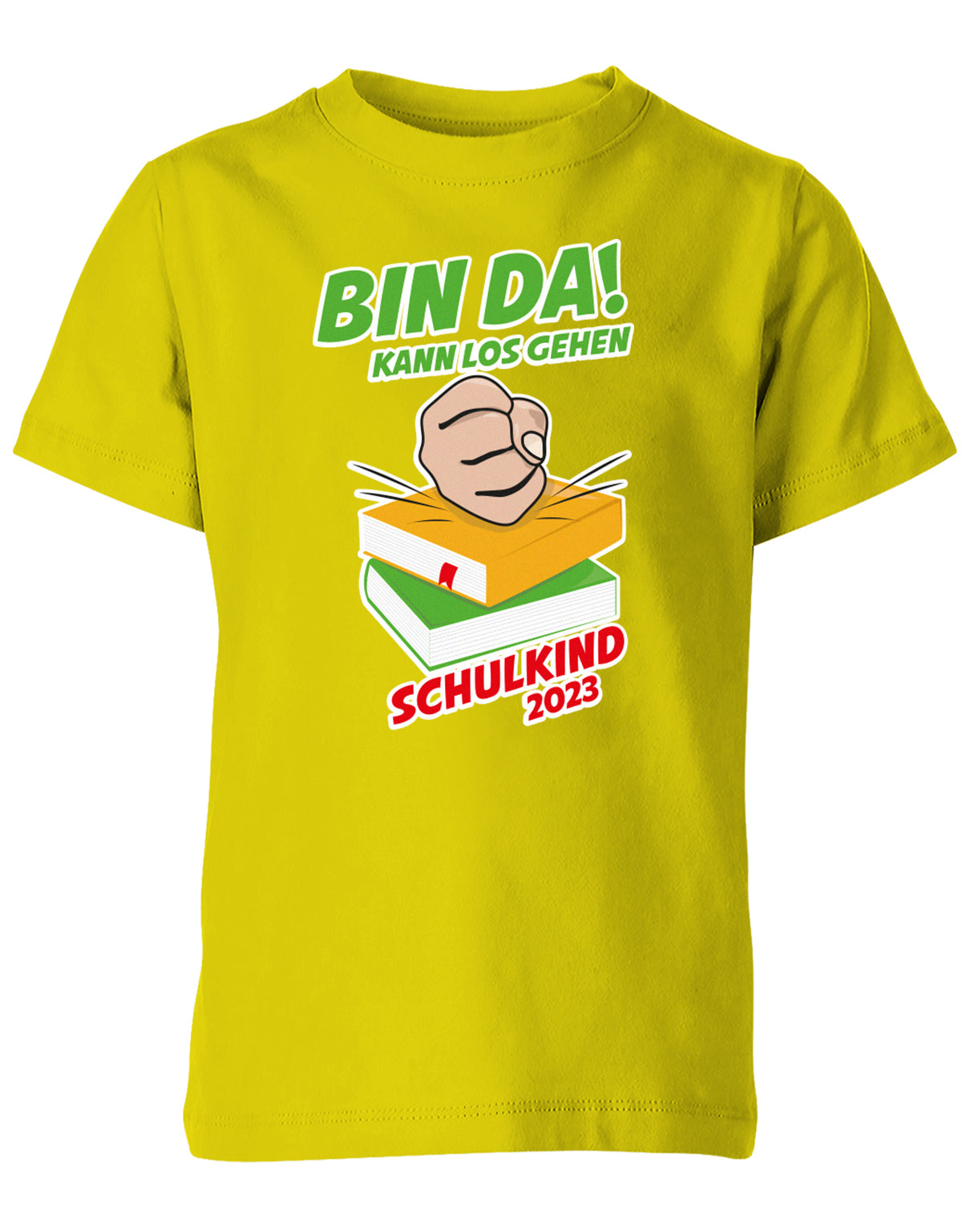 Bin Da kann los gehen Faust auf Bücher Schulkind 2023 - Einschulung Kinder T Shirt Gelb